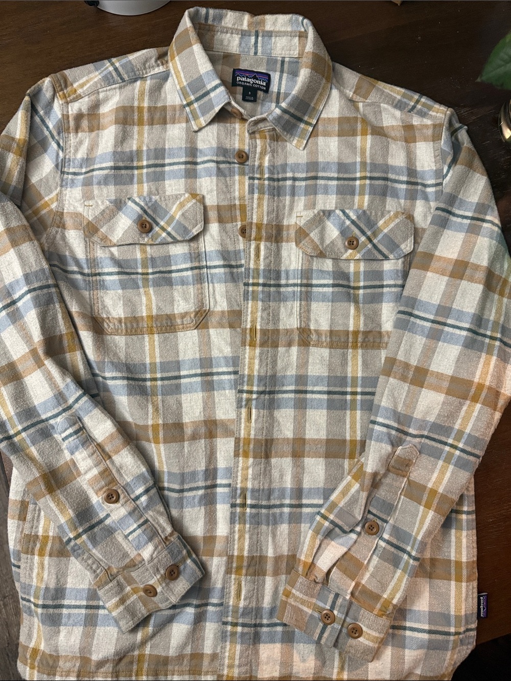 Patagonia Men’s Plaid Button-Down Shirt - Cream, Tan & Blue